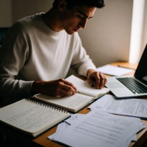 writer working at a desk with notebooks, a laptop, and legal documents