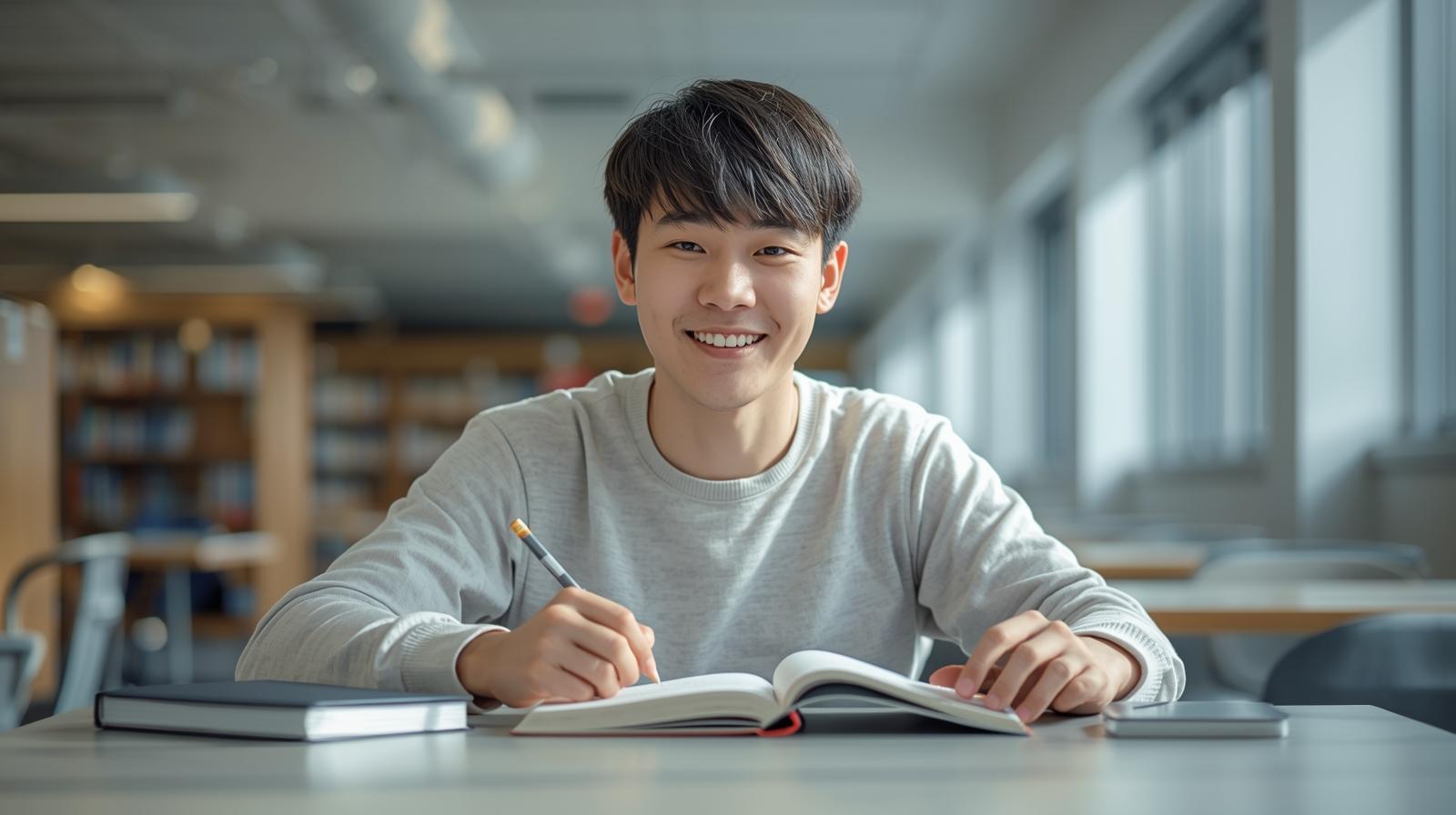 College student studying happily with a modern textbook in a bright university library.